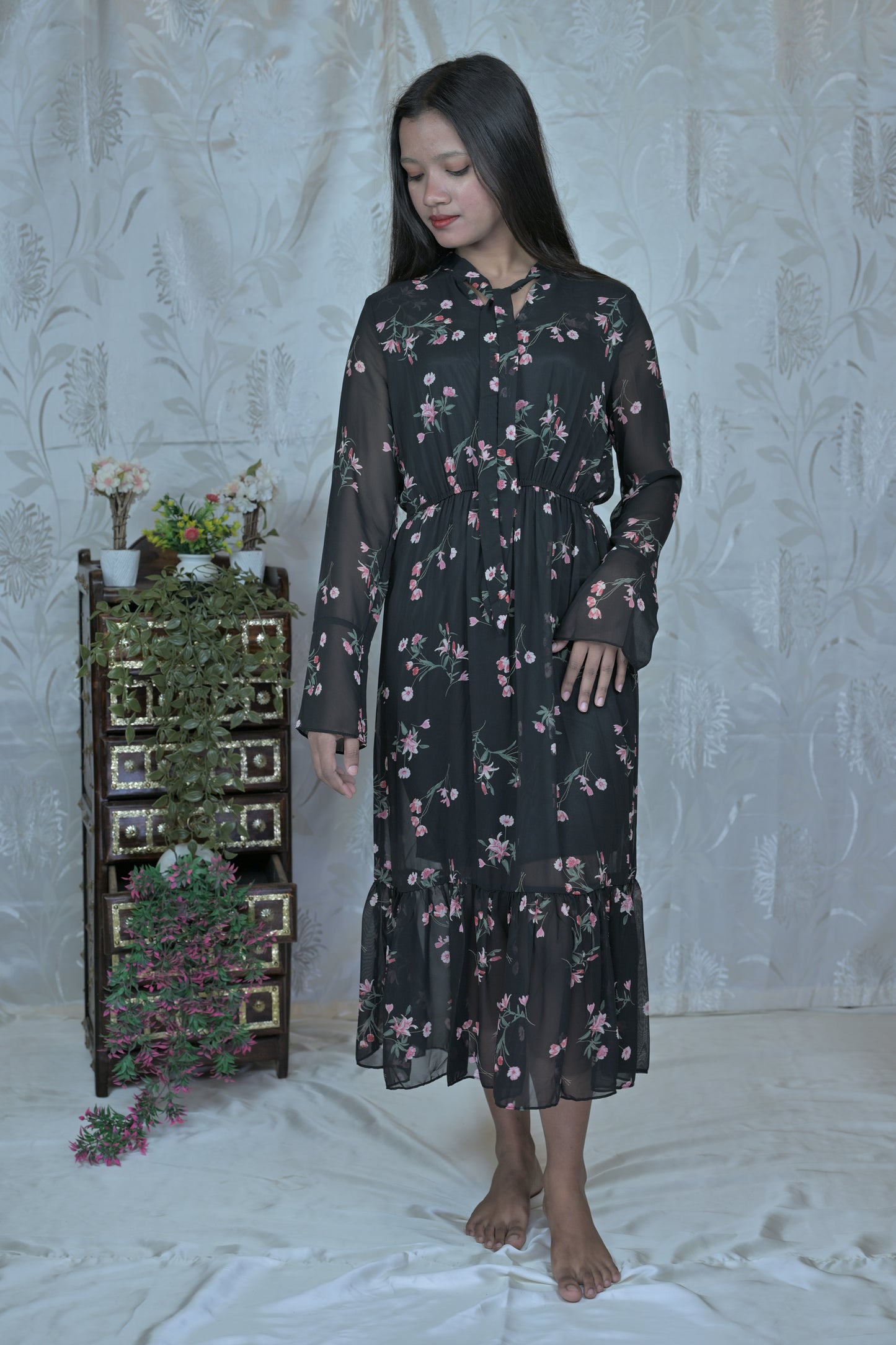 Midnight Blossom Sheer Maxi Dress
