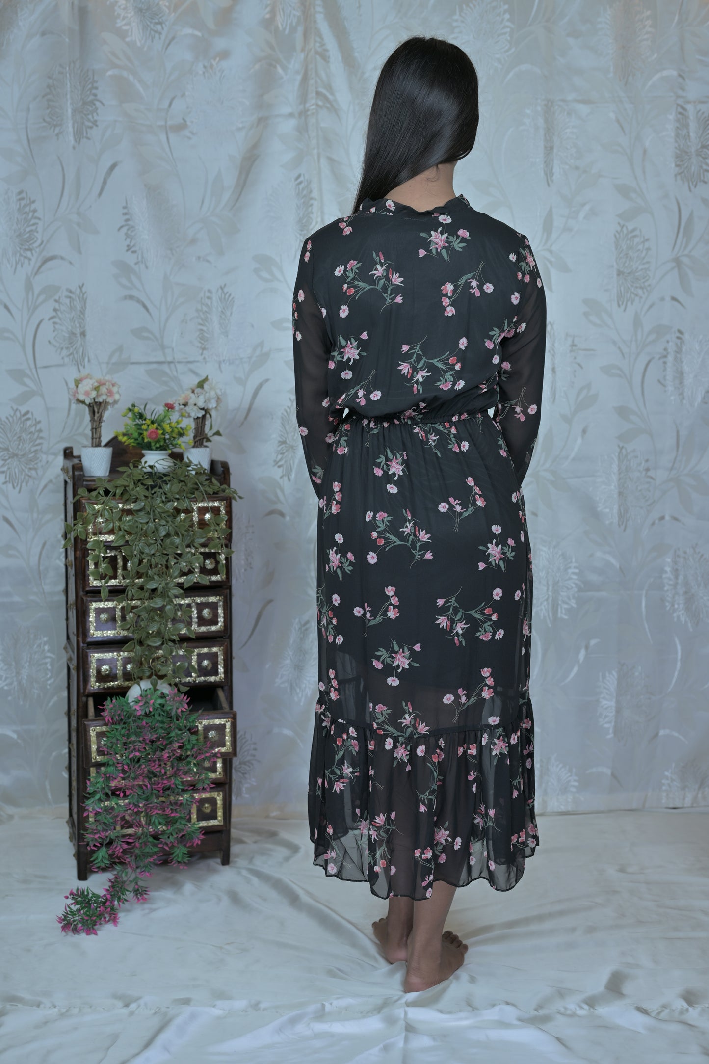 Midnight Blossom Sheer Maxi Dress