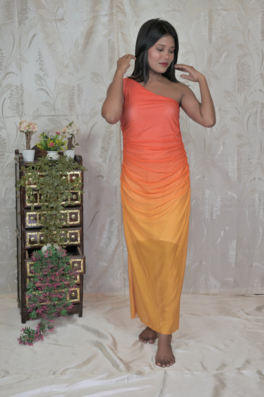 Ombre One-Shoulder Mesh Dress