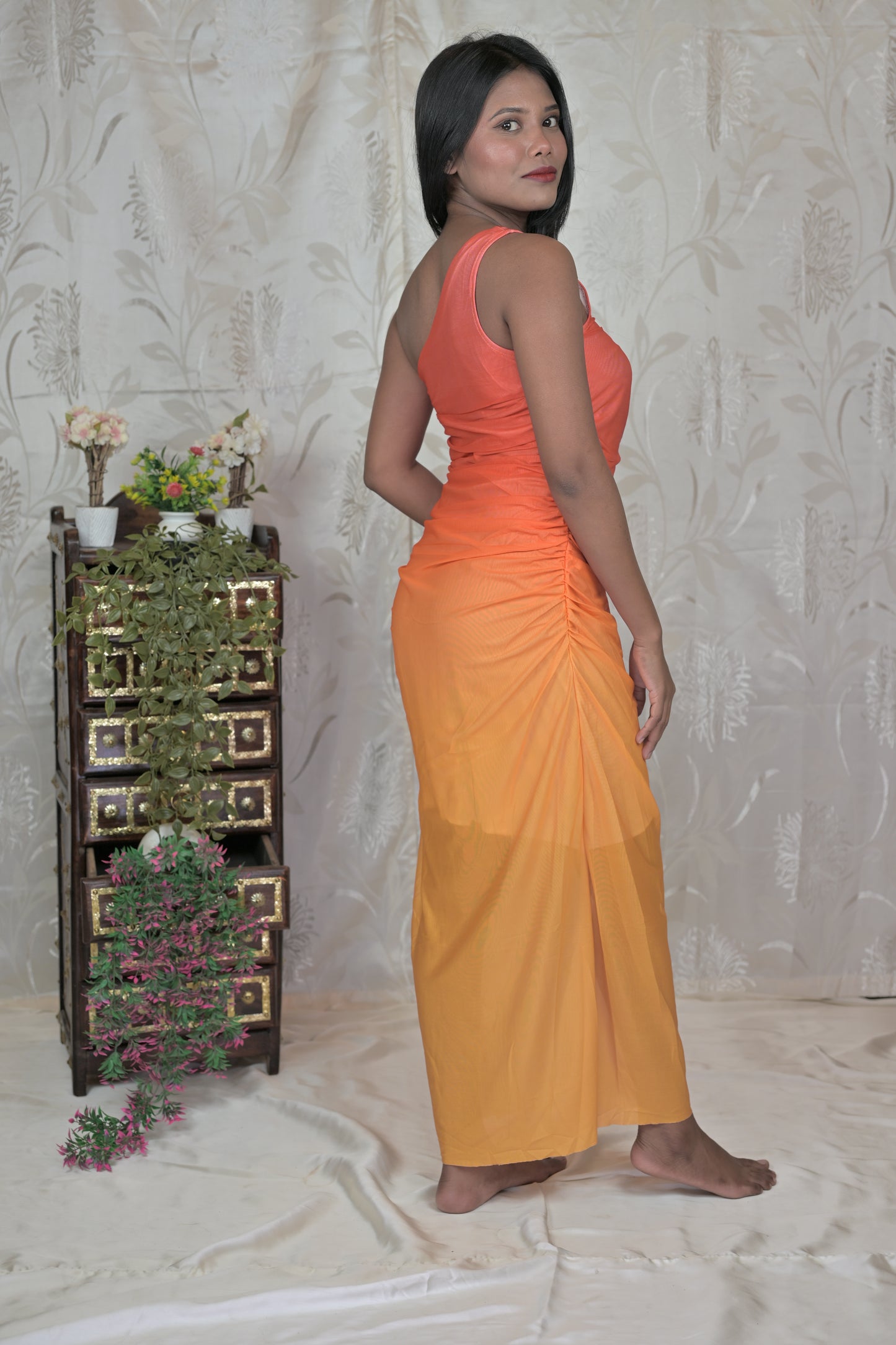Ombre One-Shoulder Mesh Dress