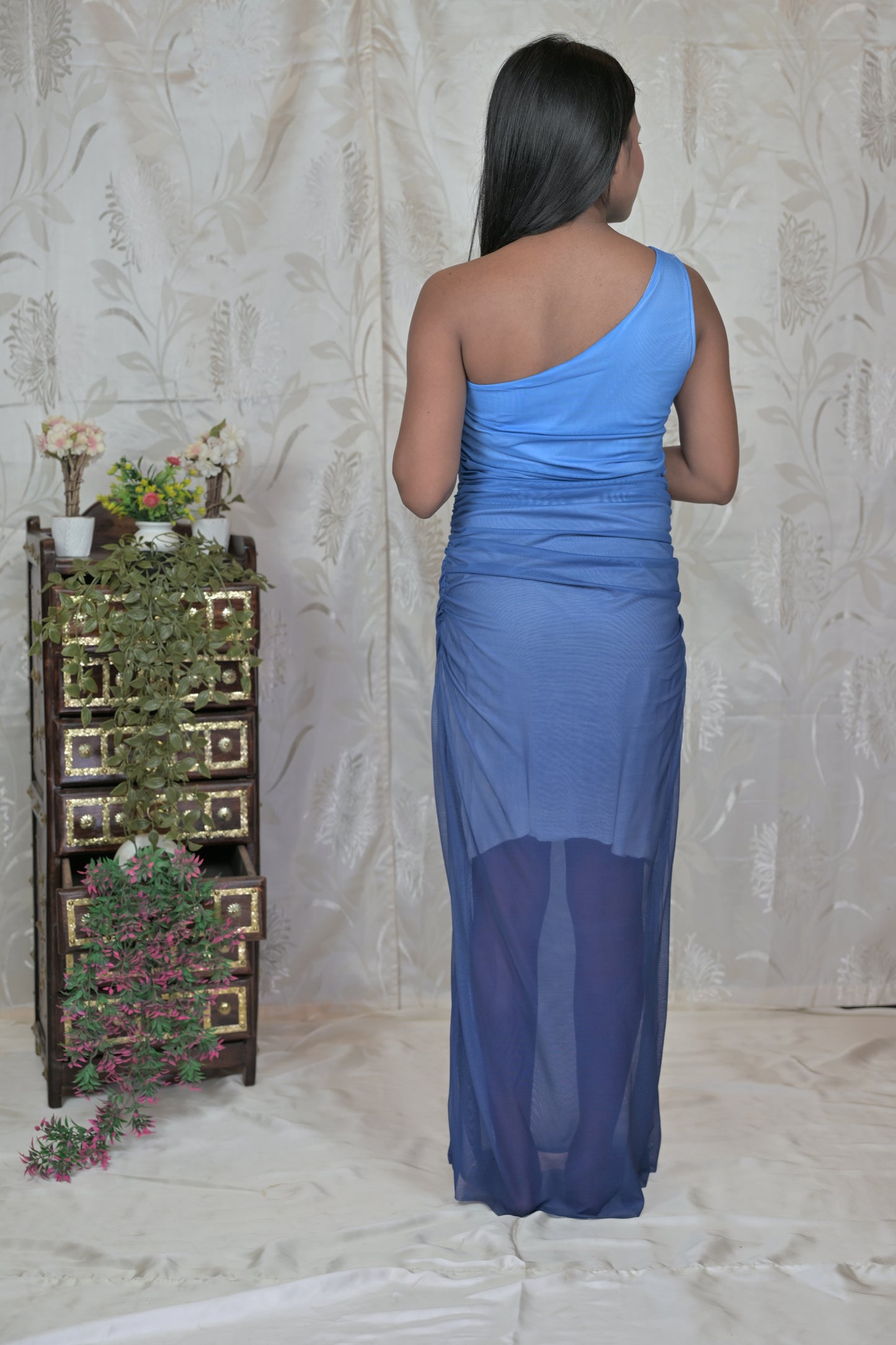 Ombre One-Shoulder Mesh Dress