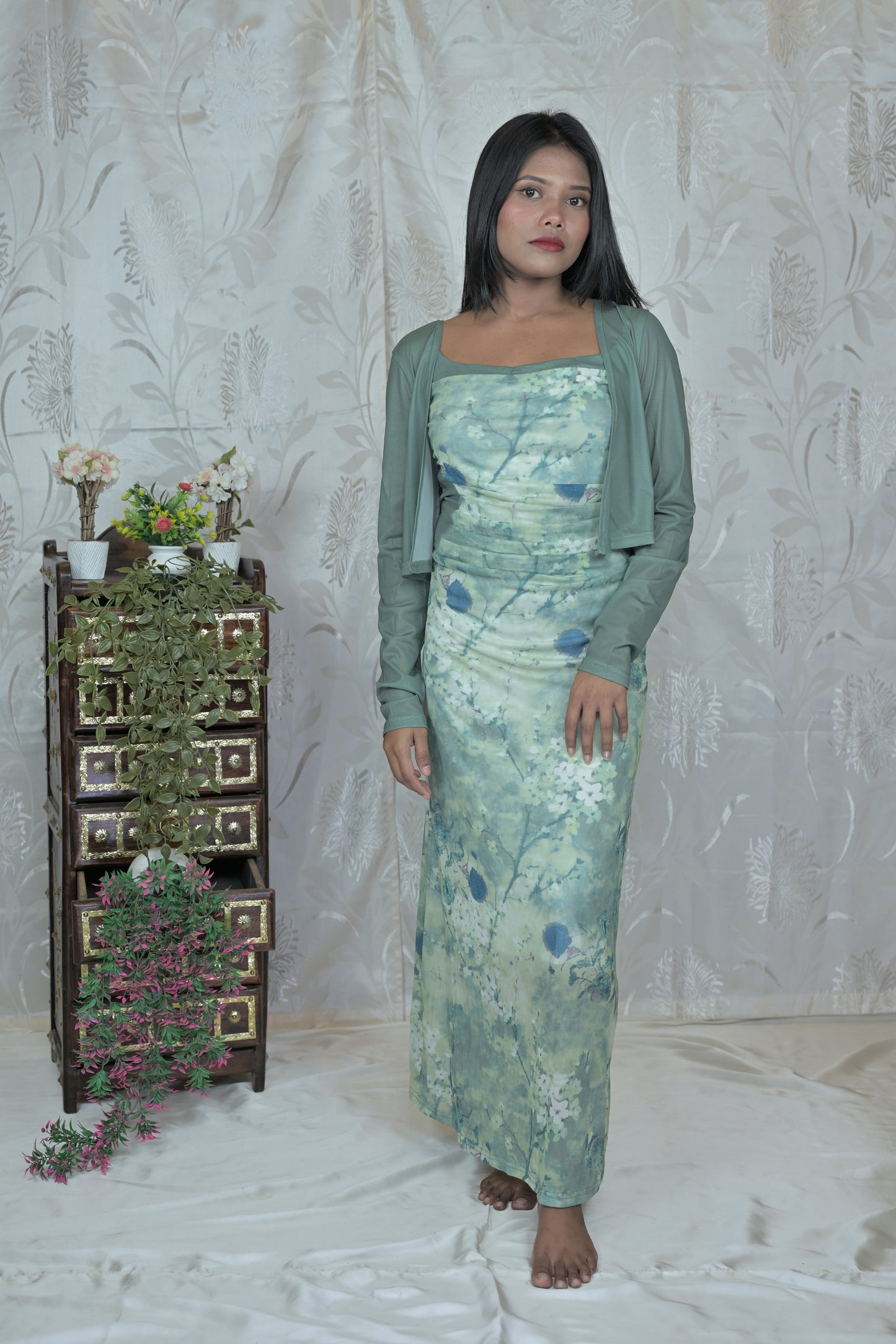 Korean Mesh Sleeveless Dress with Shrug