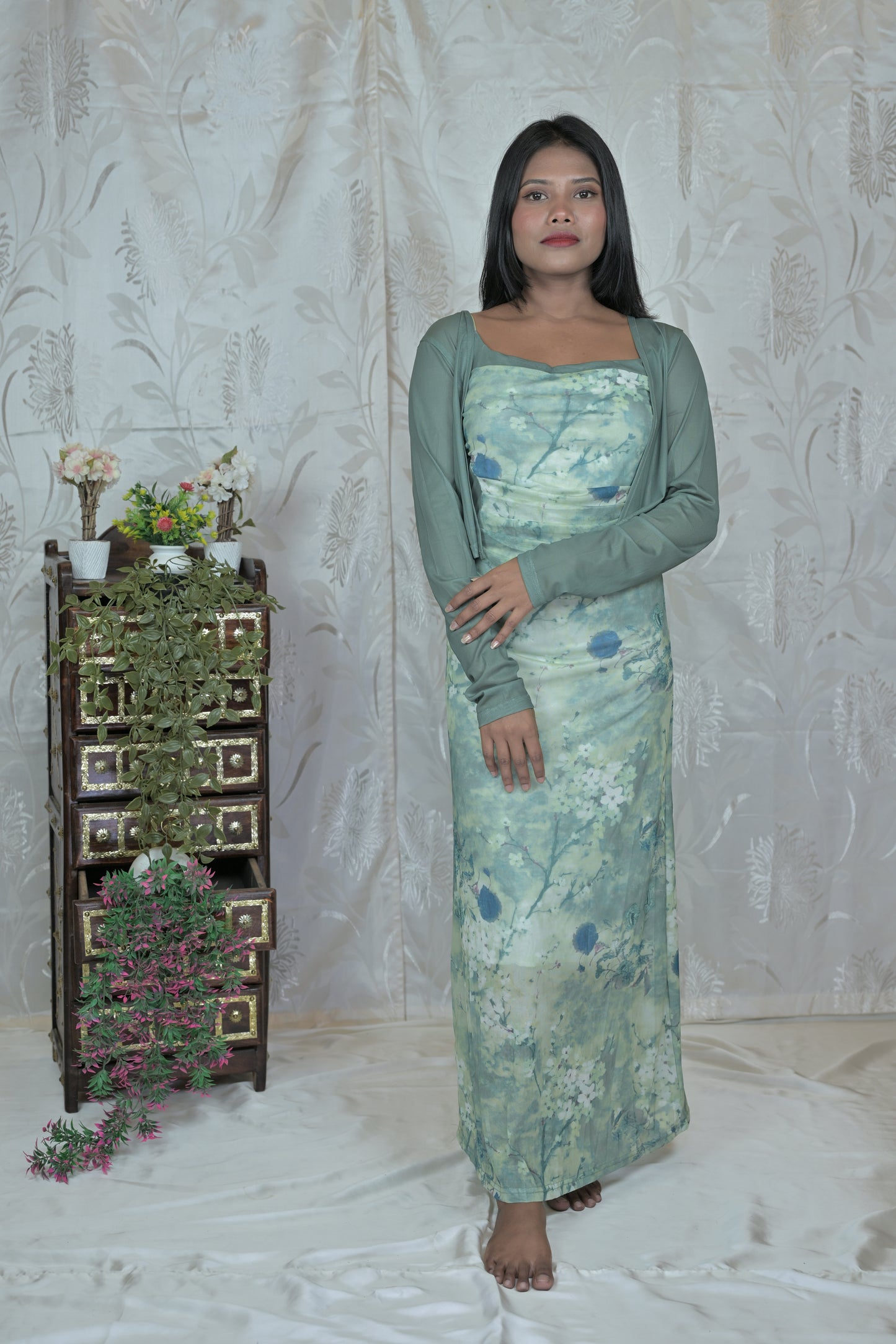 Korean Mesh Sleeveless Dress with Shrug