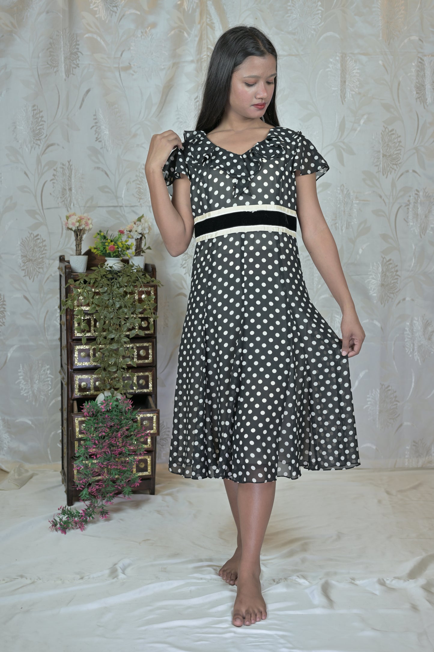 Vintage Dots Ruffle Dress