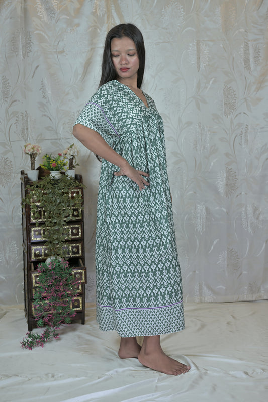 Verdant Breeze Printed Kaftan Dress