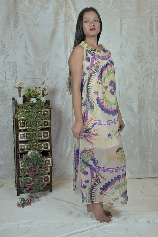 Boho Tie-Dye Peacock Print Maxi Dress