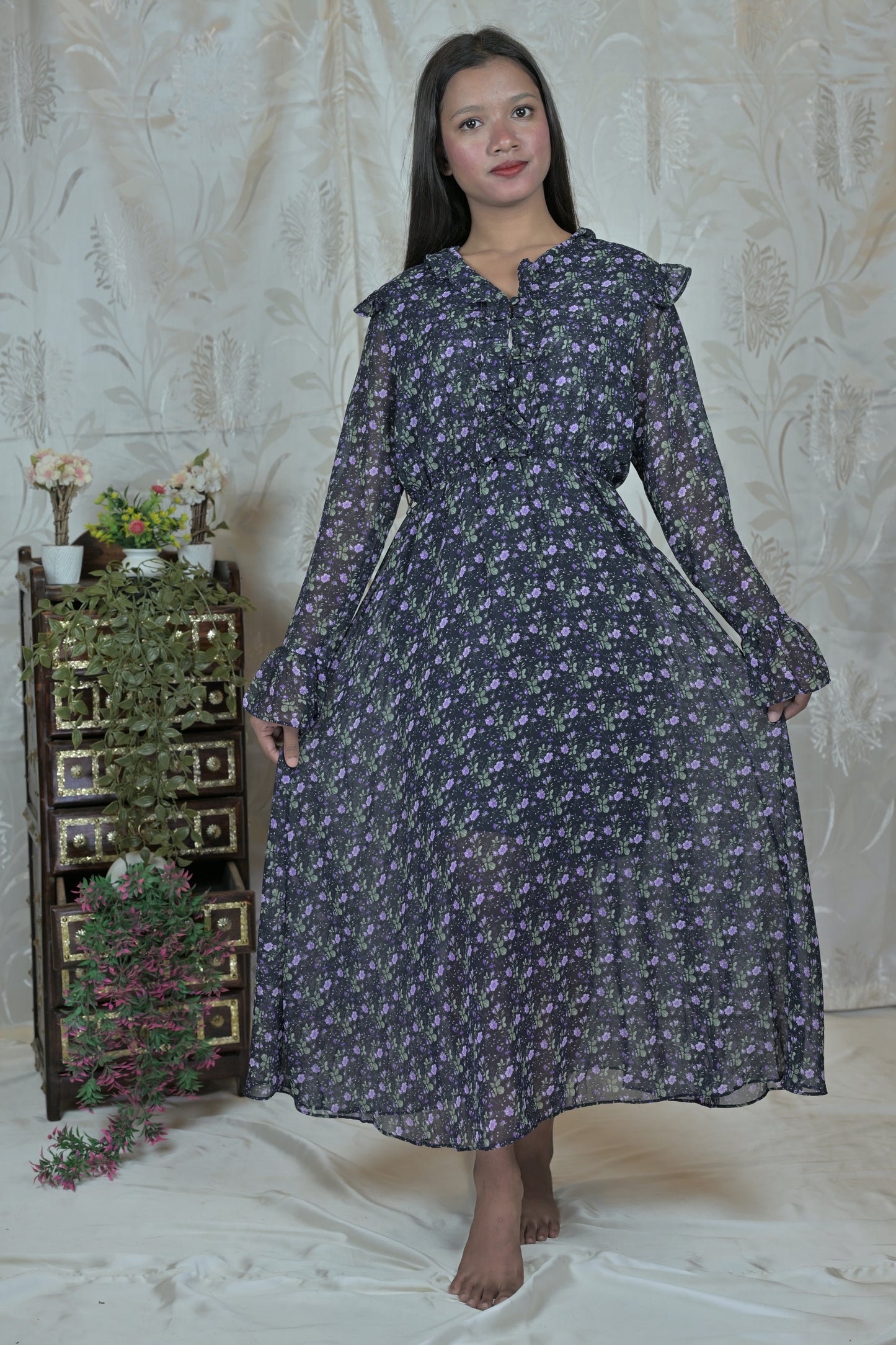 Vintage Floral Sheer Midi Dress
