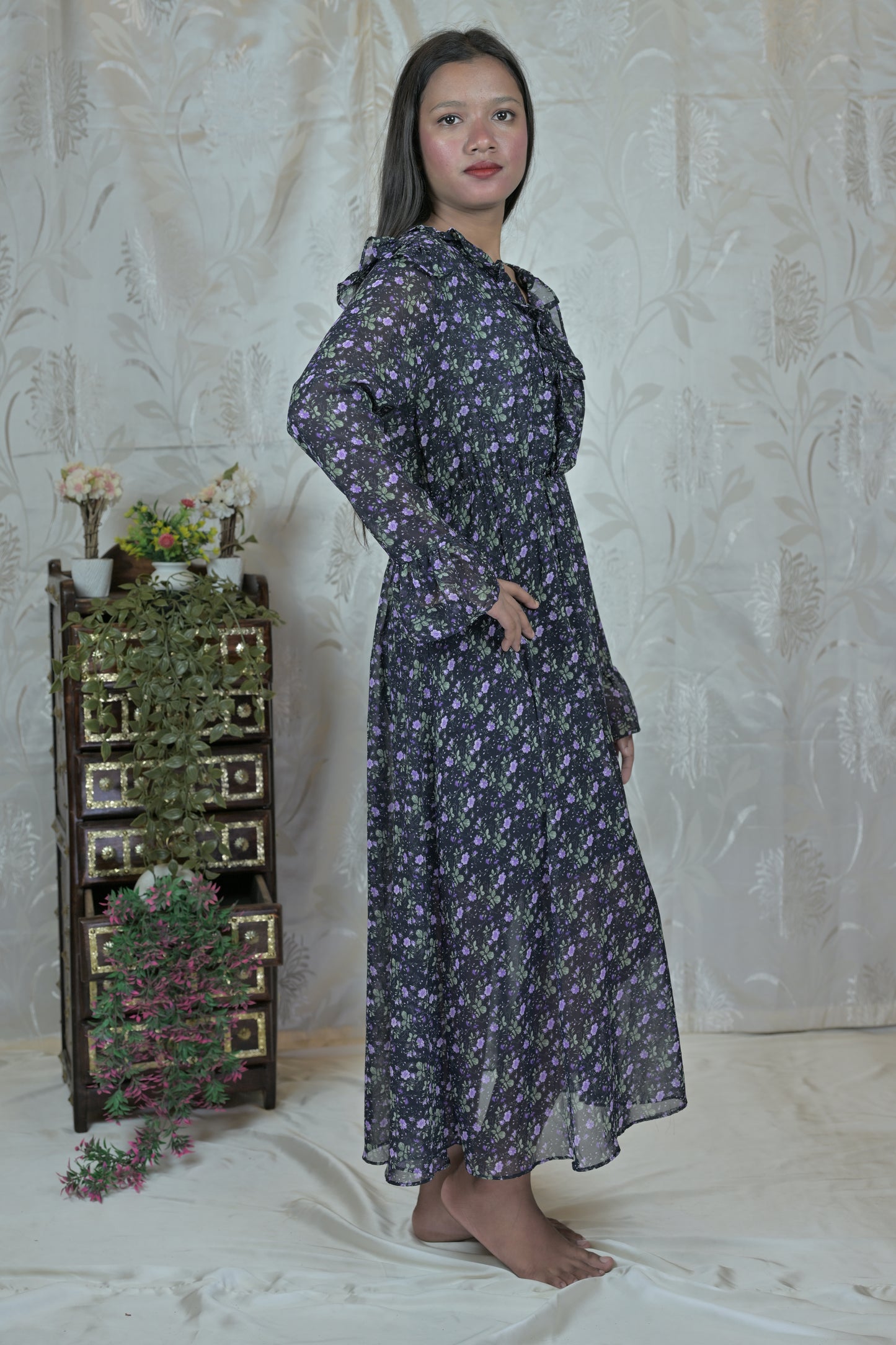 Vintage Floral Sheer Midi Dress