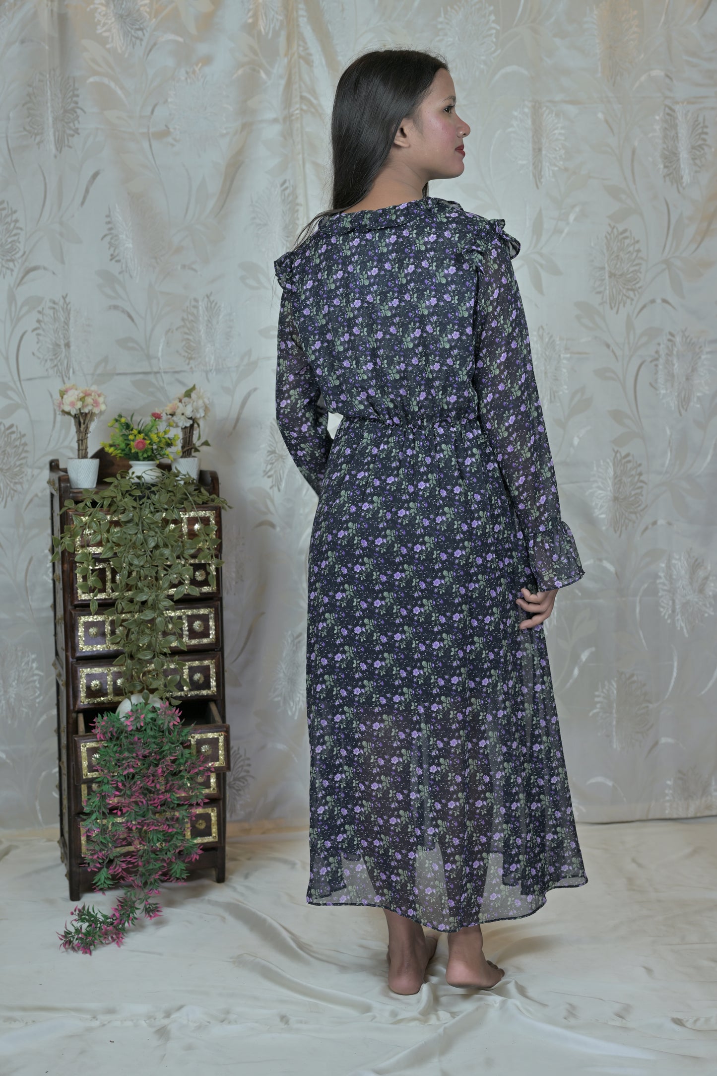 Vintage Floral Sheer Midi Dress