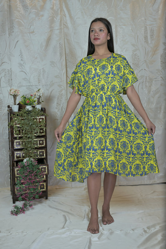 Yellow & Blue Floral Flare Dress