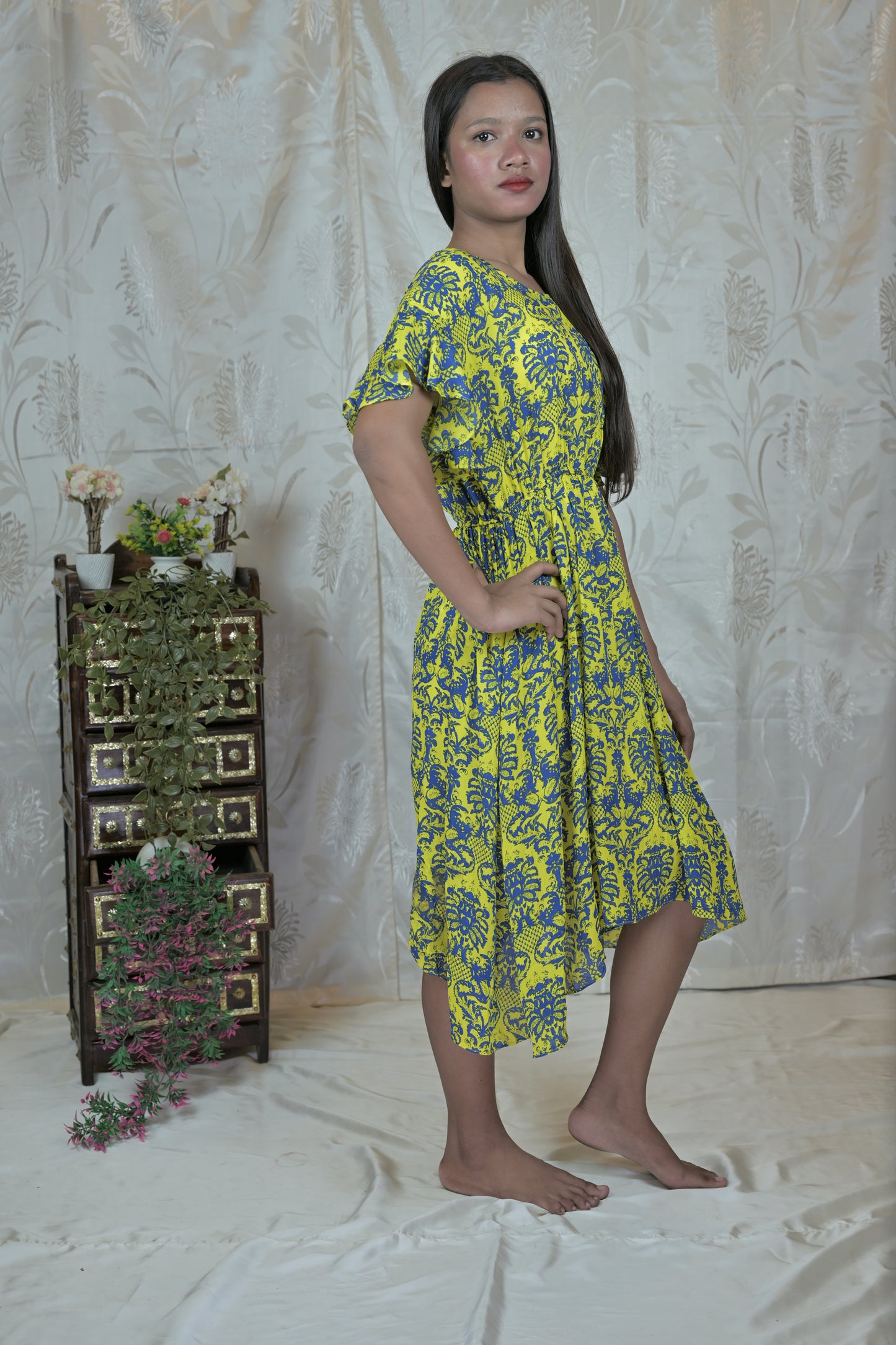 Yellow & Blue Floral Flare Dress