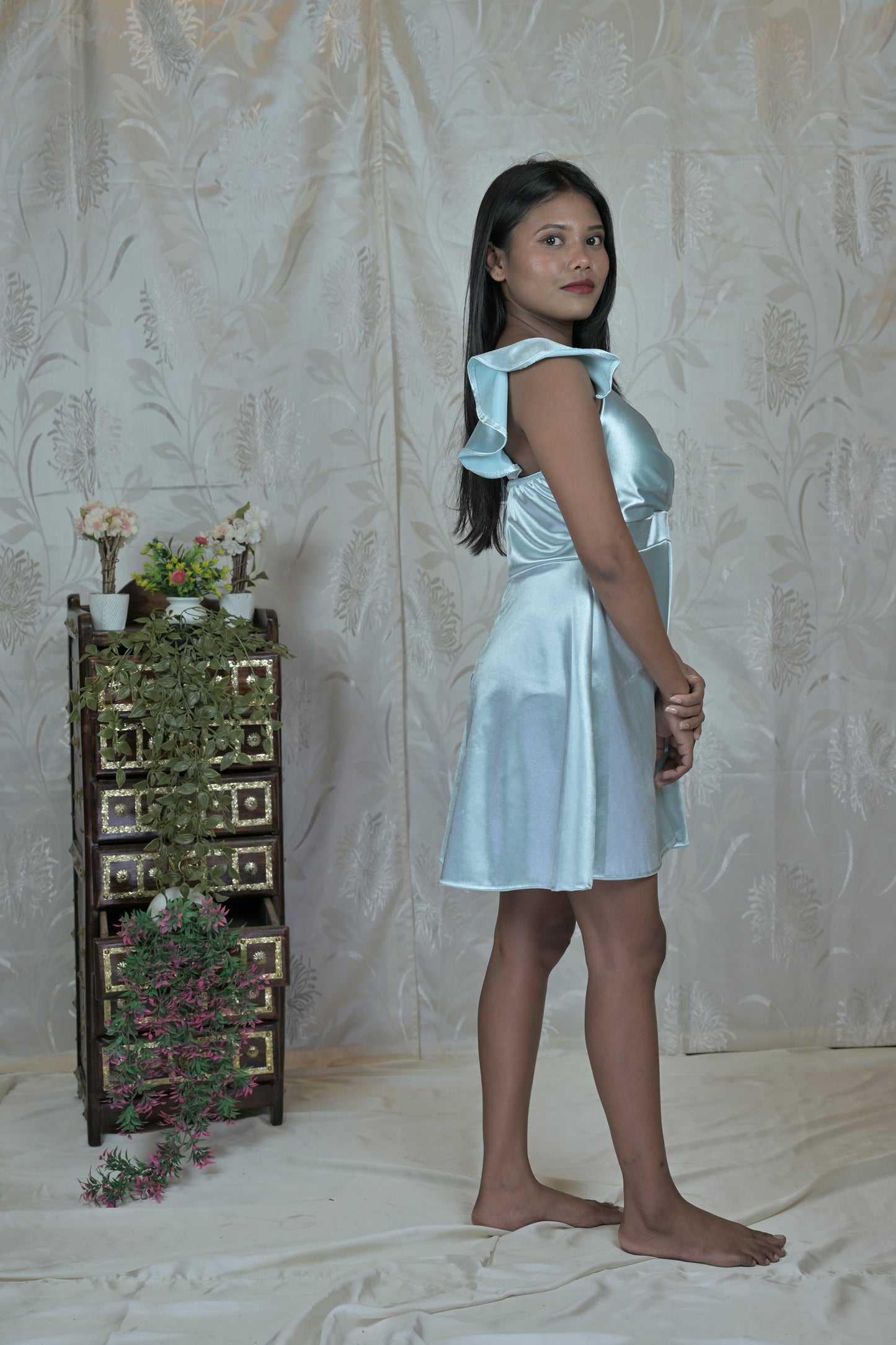 Light Blue Satin Flare Mini Dress