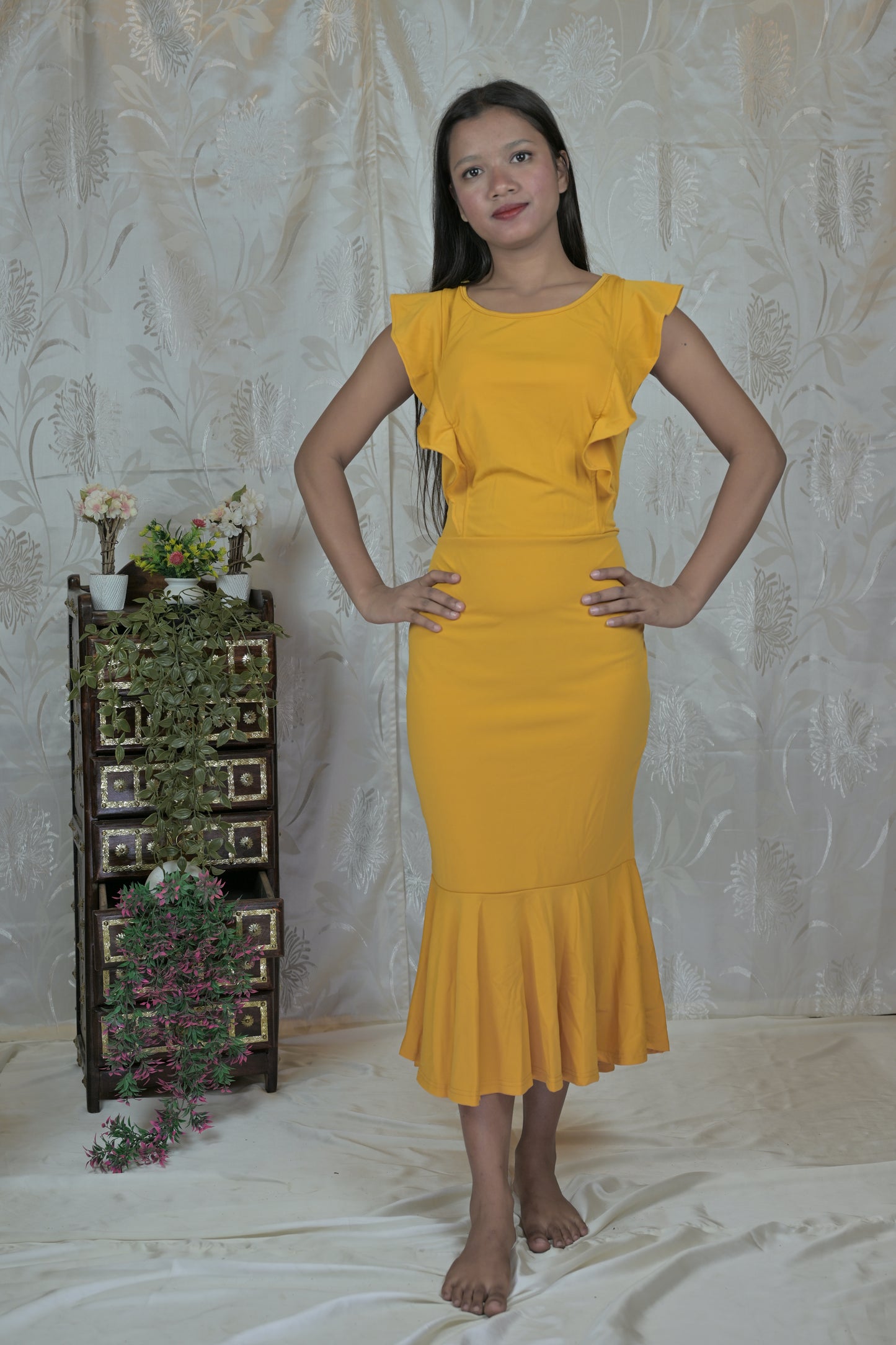 Solid Ruffle Bodycon Midi Dress