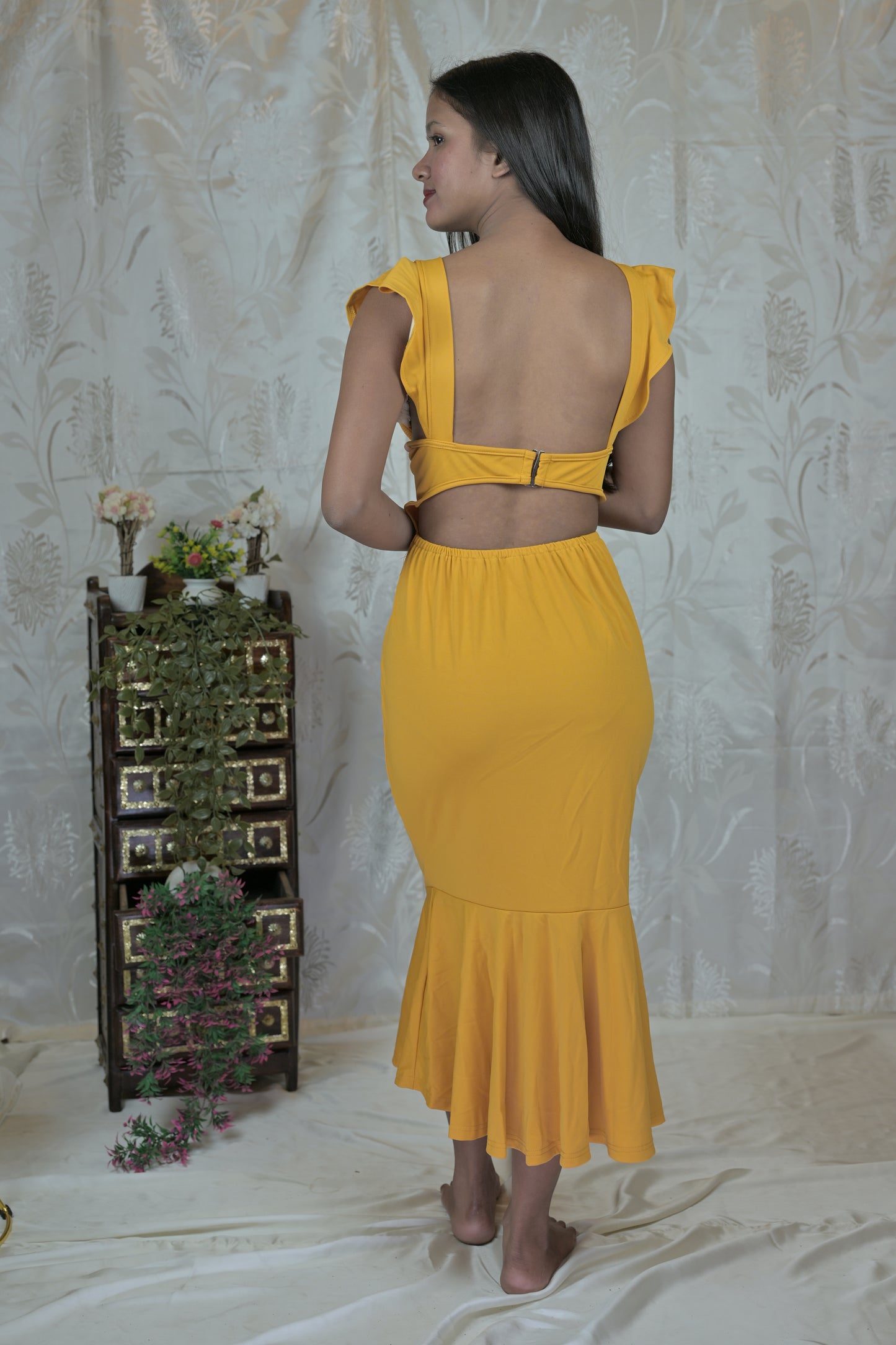 Solid Ruffle Bodycon Midi Dress