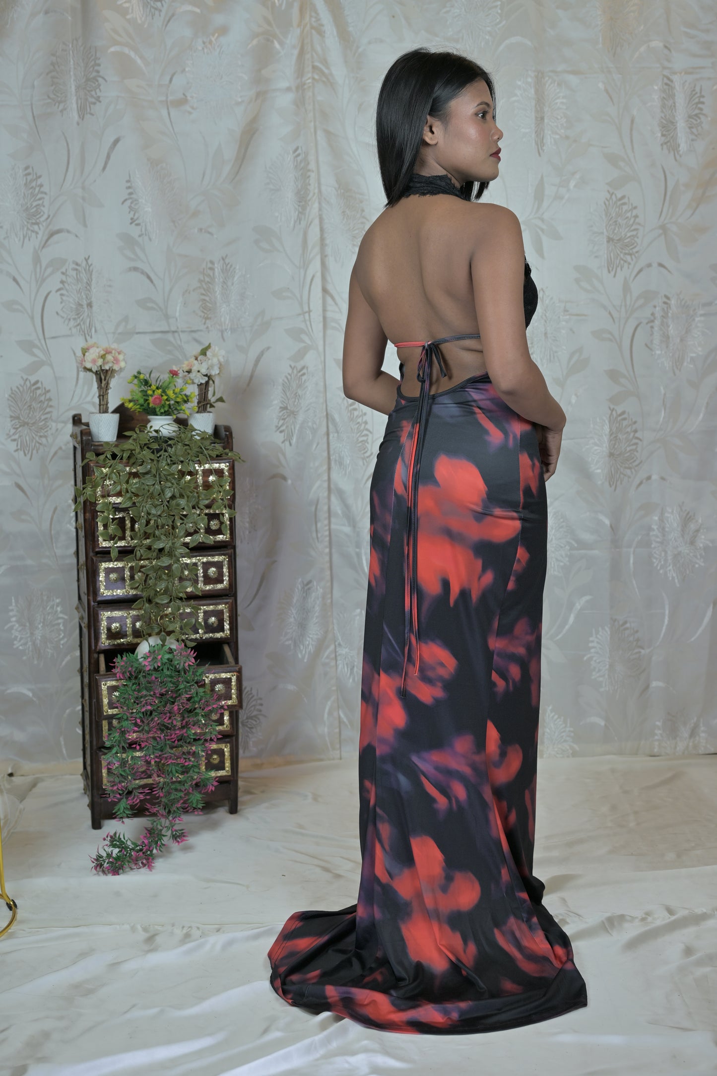 Velora Backless Floral Printed Halter Neck Maxi Dress