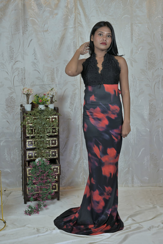 Velora Backless Floral Printed Halter Neck Maxi Dress