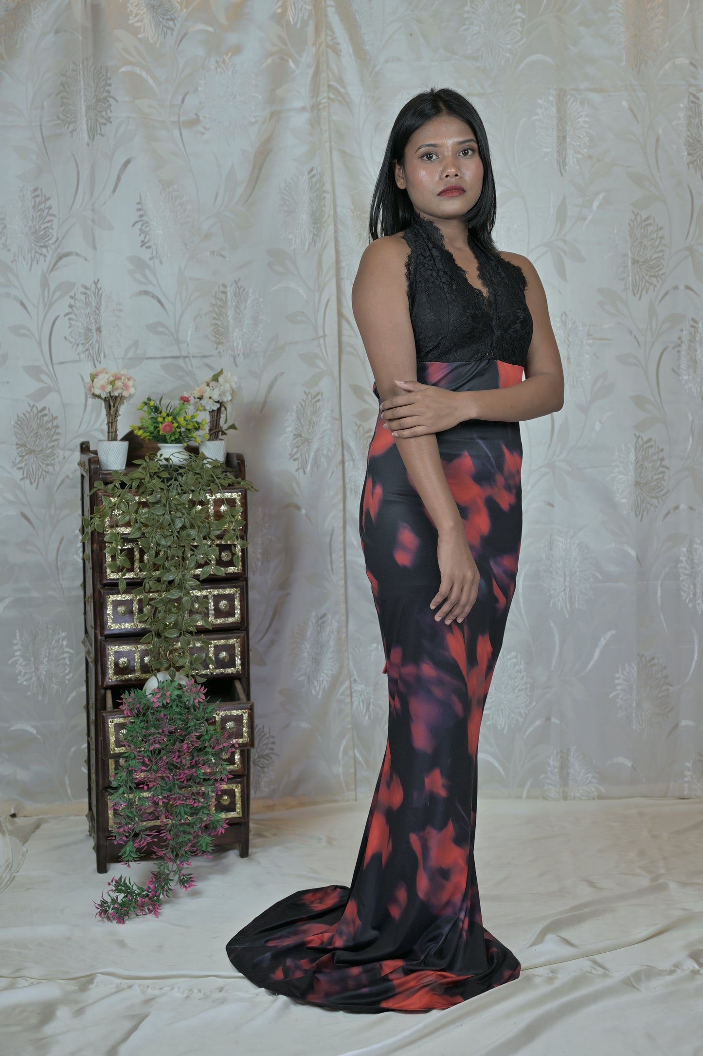 Velora Backless Floral Printed Halter Neck Maxi Dress