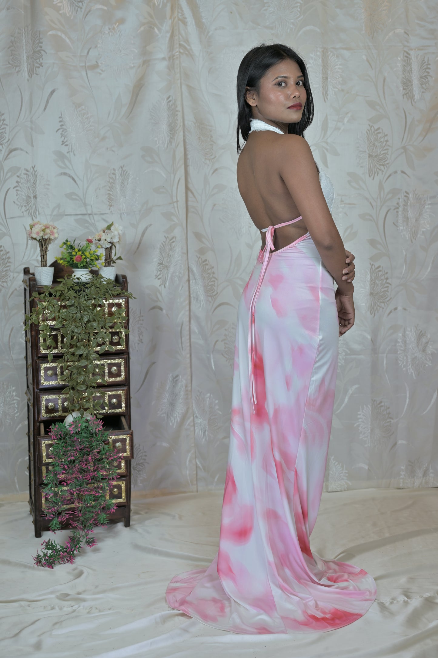 Velora Backless Floral Printed Halter Neck Maxi Dress