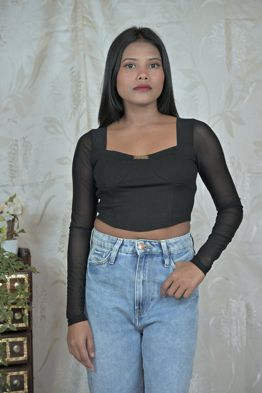 Black Sheer Sleeve Crop Top
