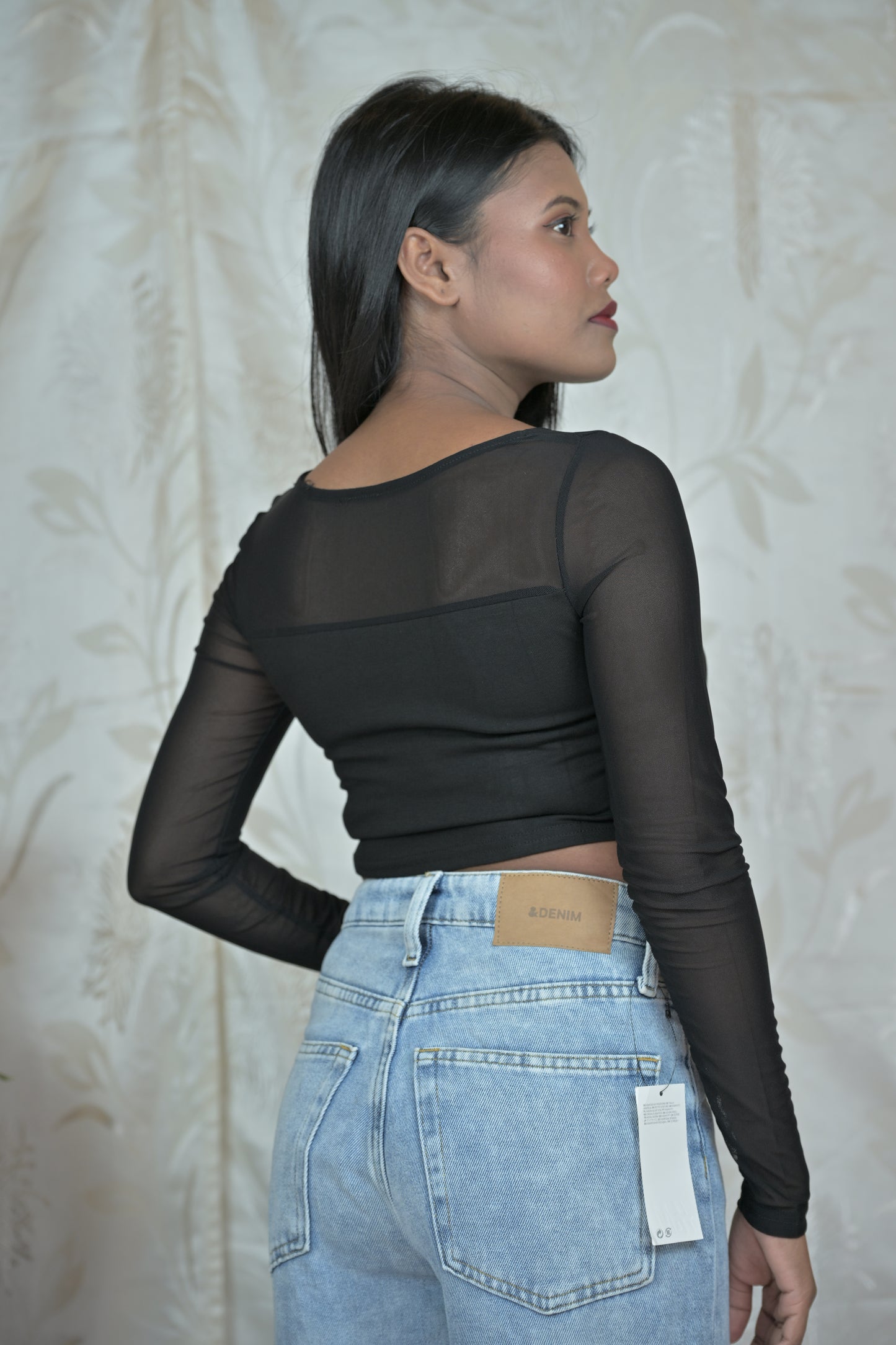 Black Sheer Sleeve Crop Top