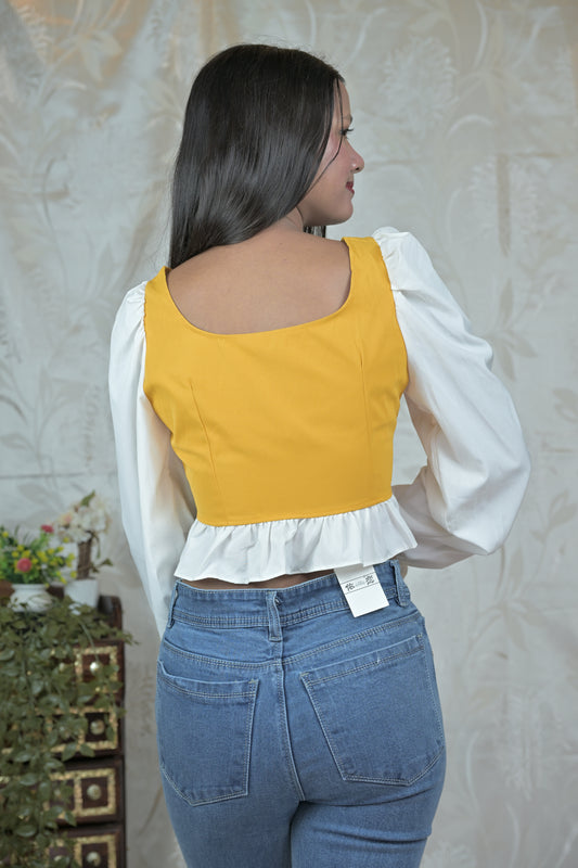 Mustard Corset-Style Ruffle Top