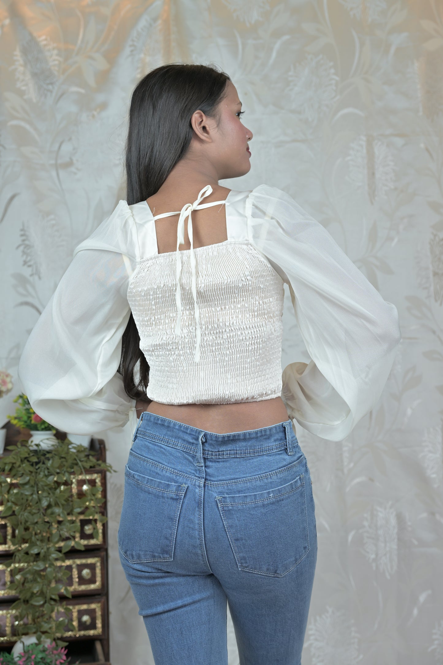 Satin Corset Top with Sheer Sleeves