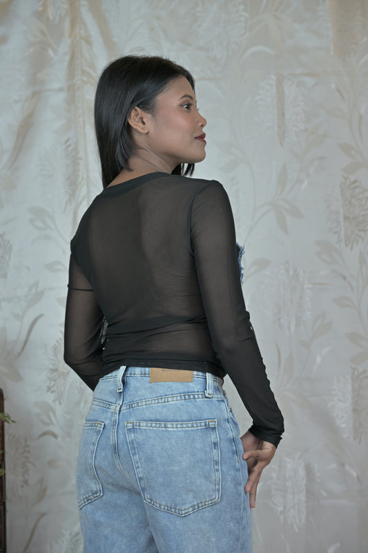 Black Sheer Mesh Top with Denim Corset