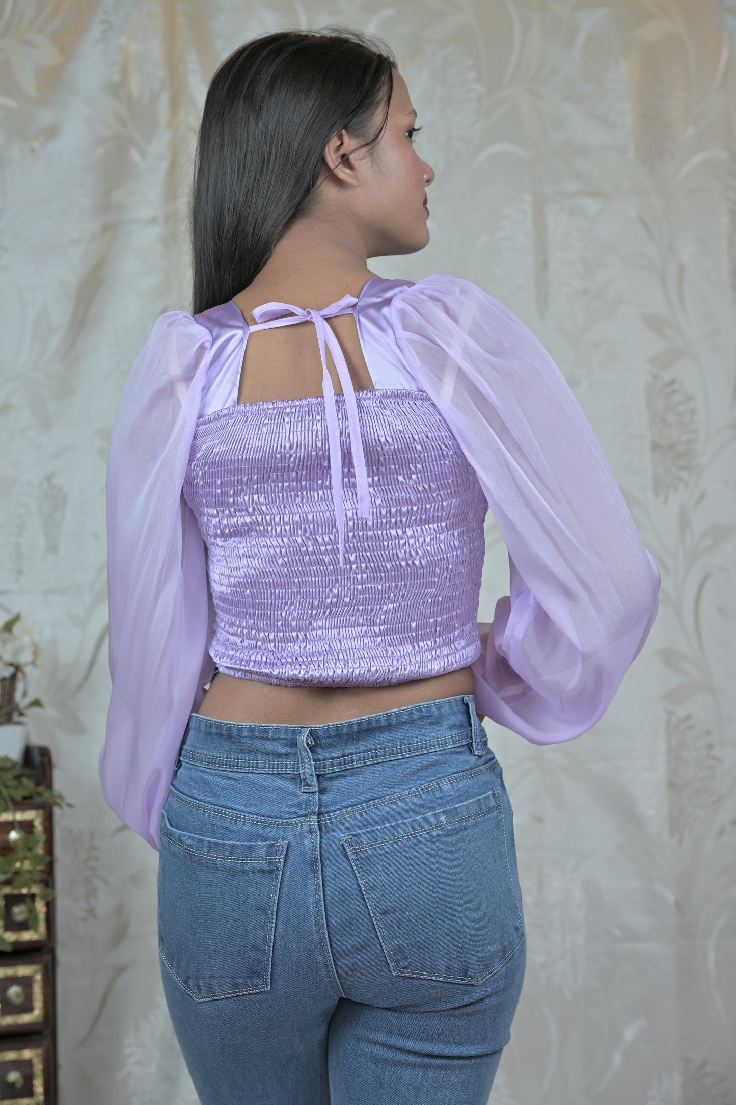 Satin Corset Top with Sheer Sleeves
