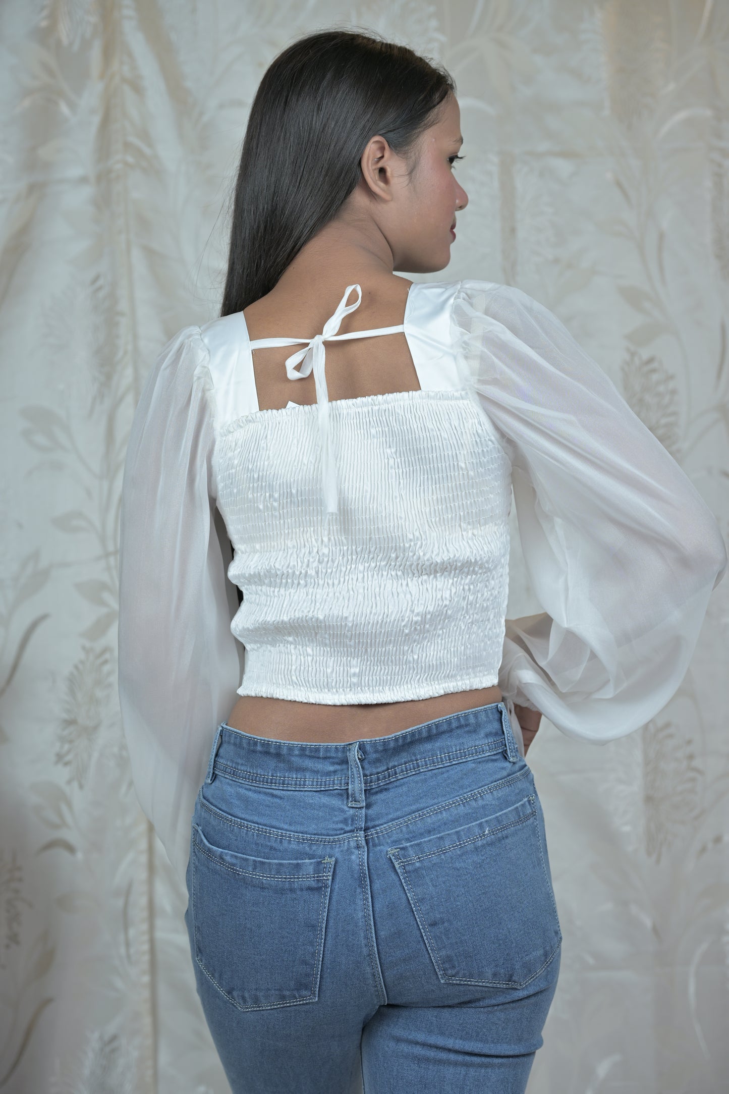 Satin Corset Top with Sheer Sleeves