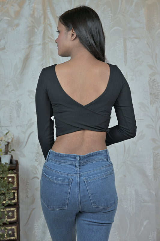 Criss-Cross Back Ribbed Crop Top – Black