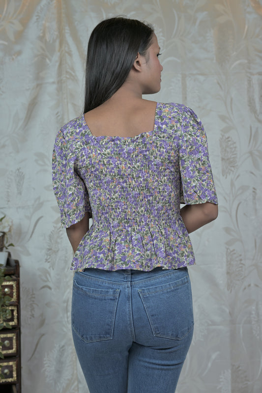 Blue Floral Smocked Top
