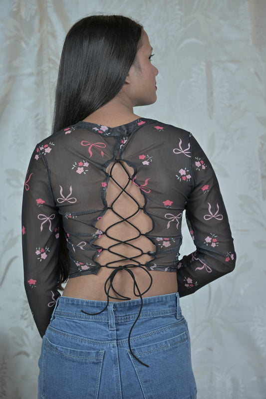 Floral Mesh Sheer Crop Top with Bow & Rose Print