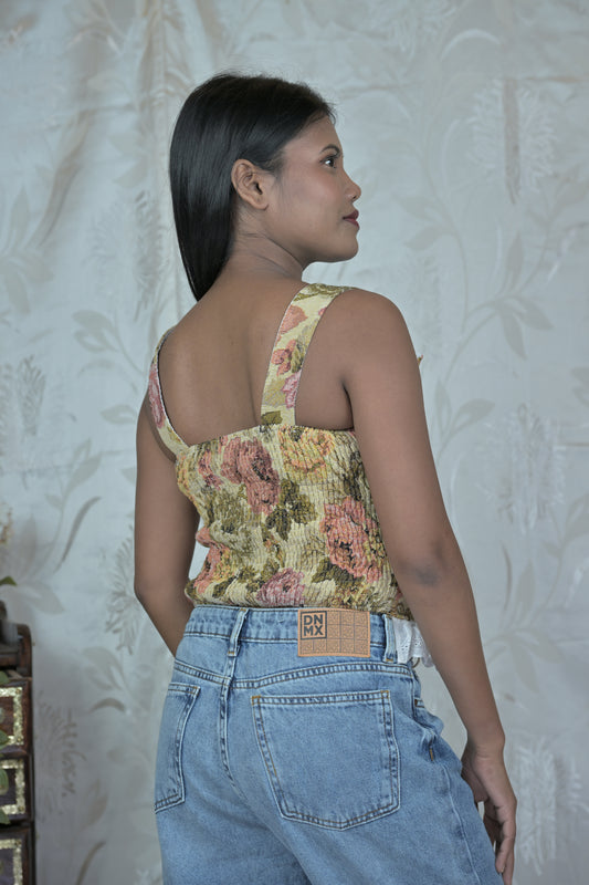 Vintage Floral Corset Top with Lace Hem