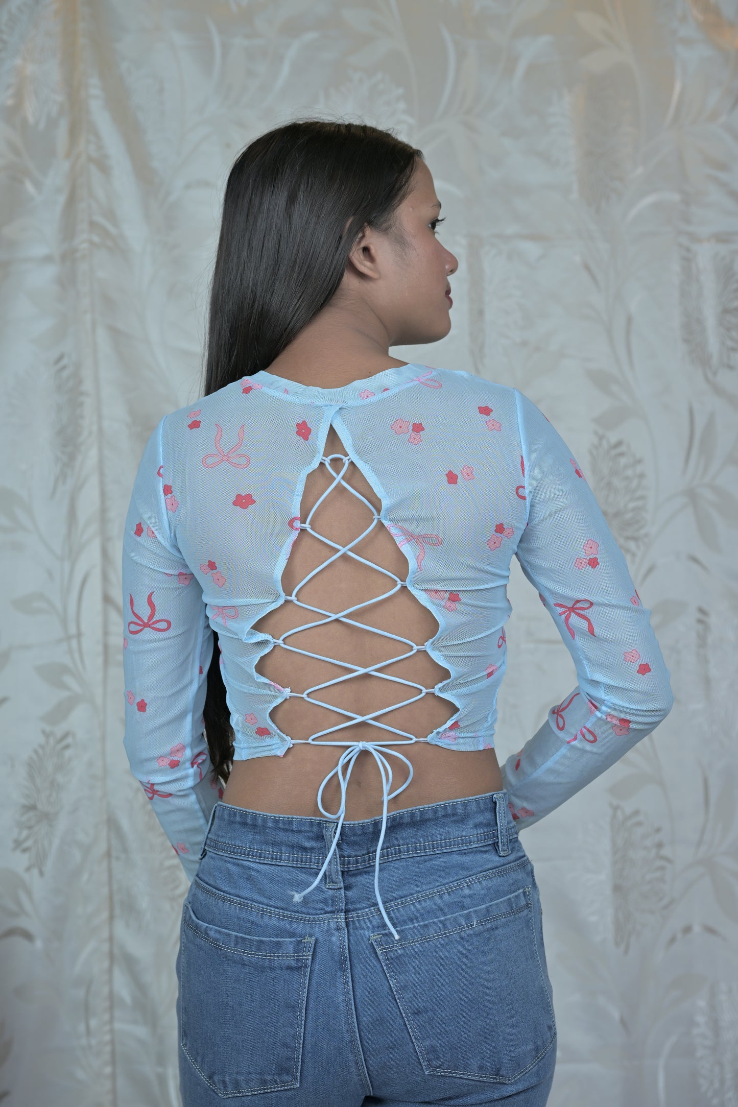 Floral Mesh Sheer Crop Top with Bow & Rose Print