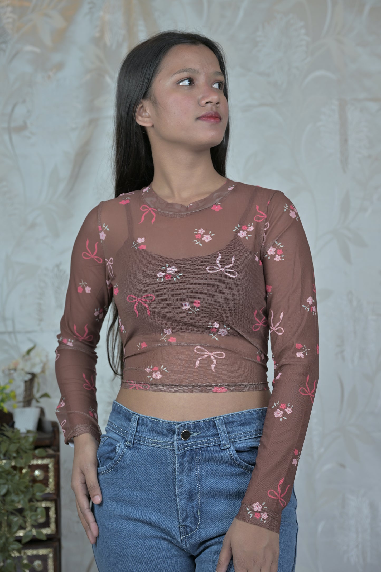 Floral Mesh Sheer Crop Top with Bow & Rose Print