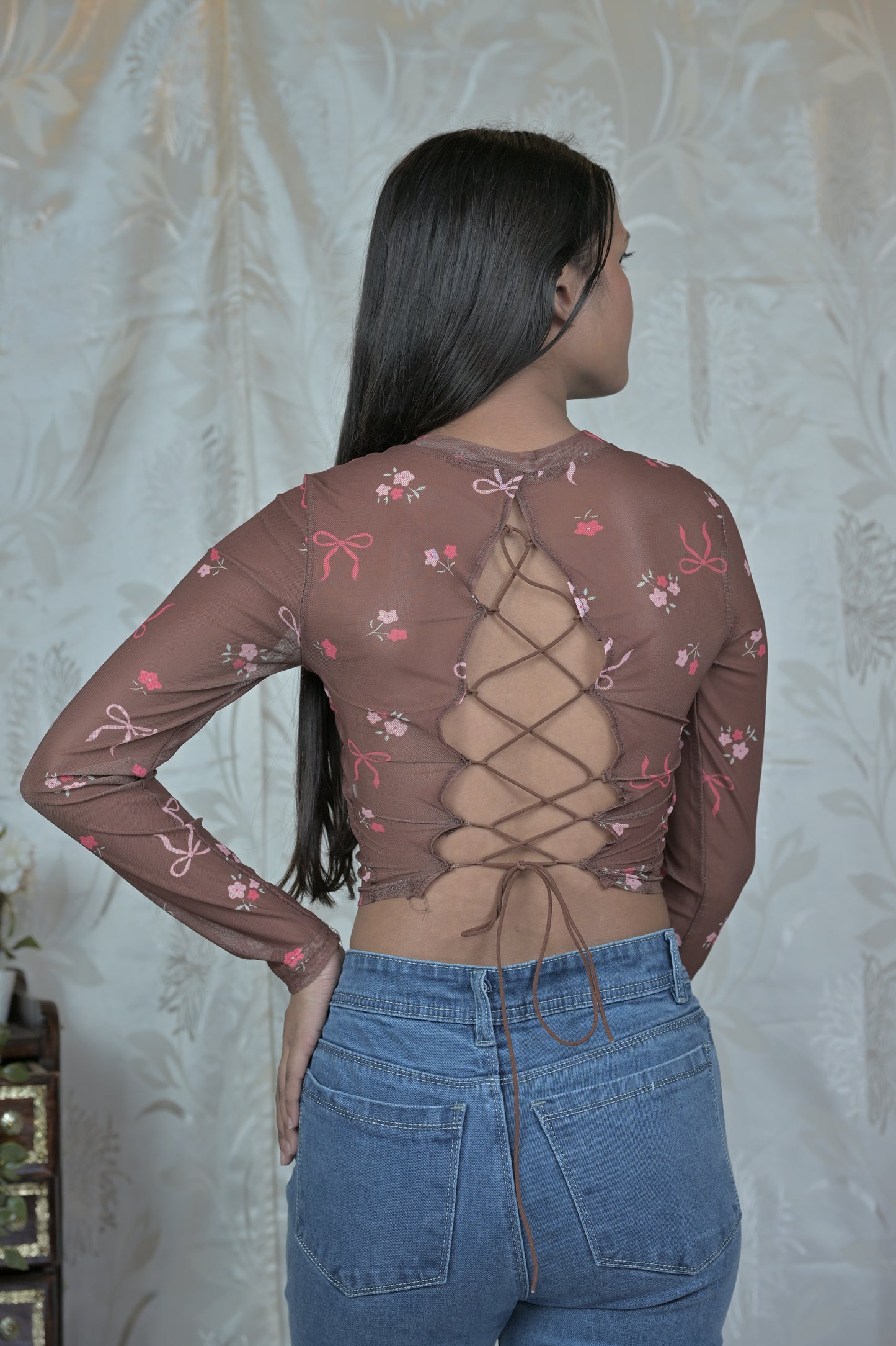 Floral Mesh Sheer Crop Top with Bow & Rose Print
