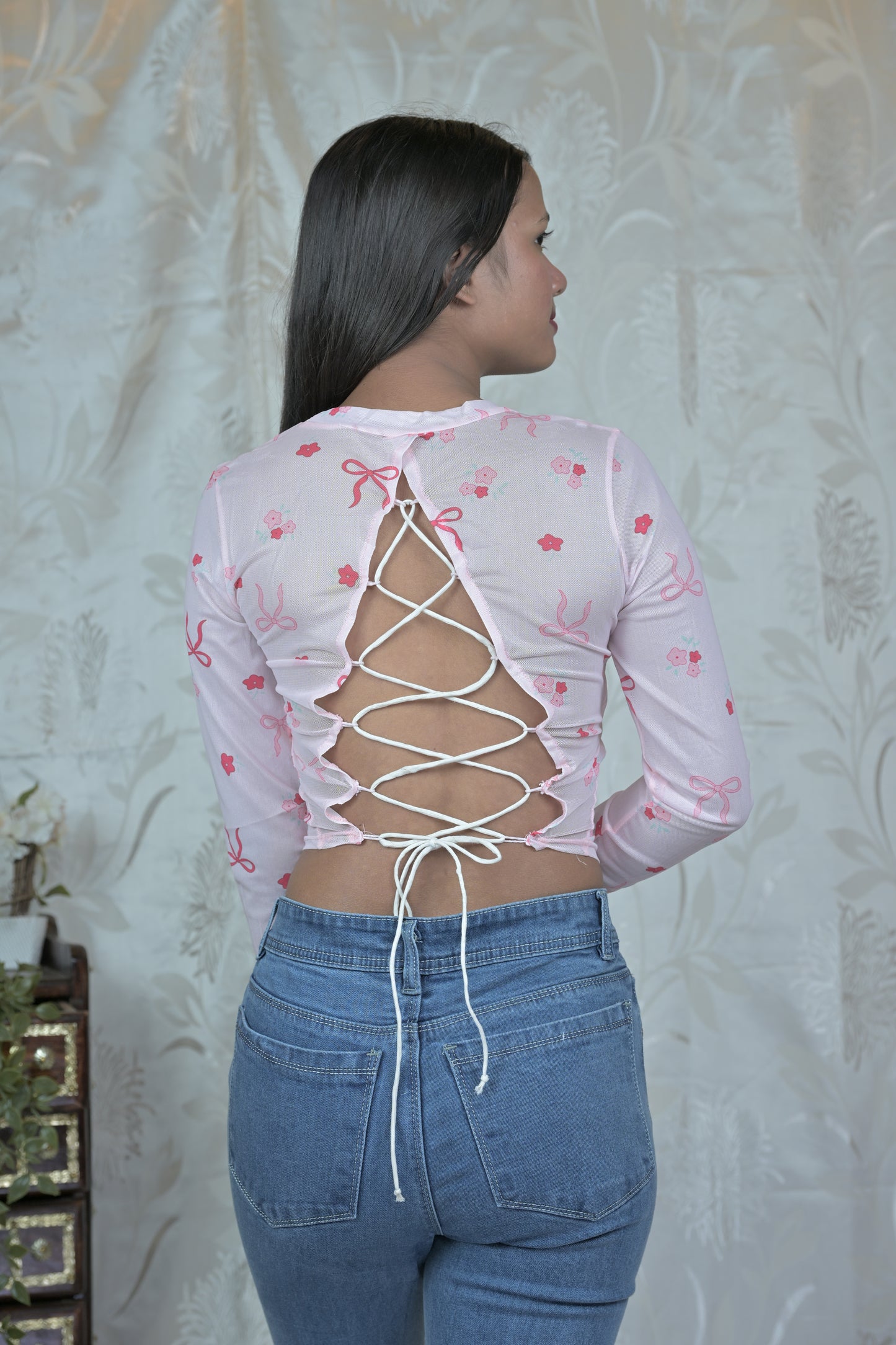 Floral Mesh Sheer Crop Top with Bow & Rose Print