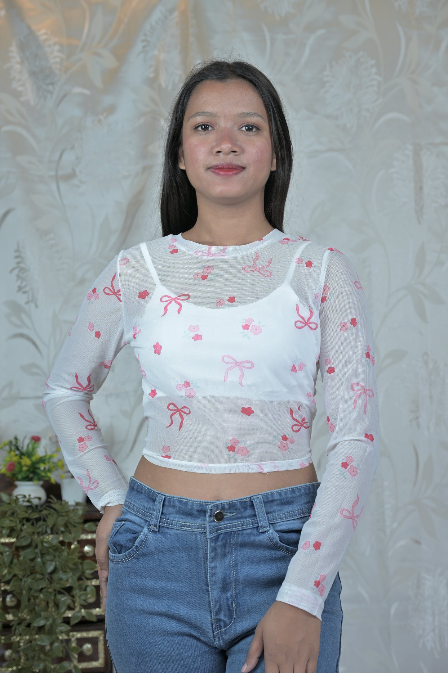 Floral Mesh Sheer Crop Top with Bow & Rose Print