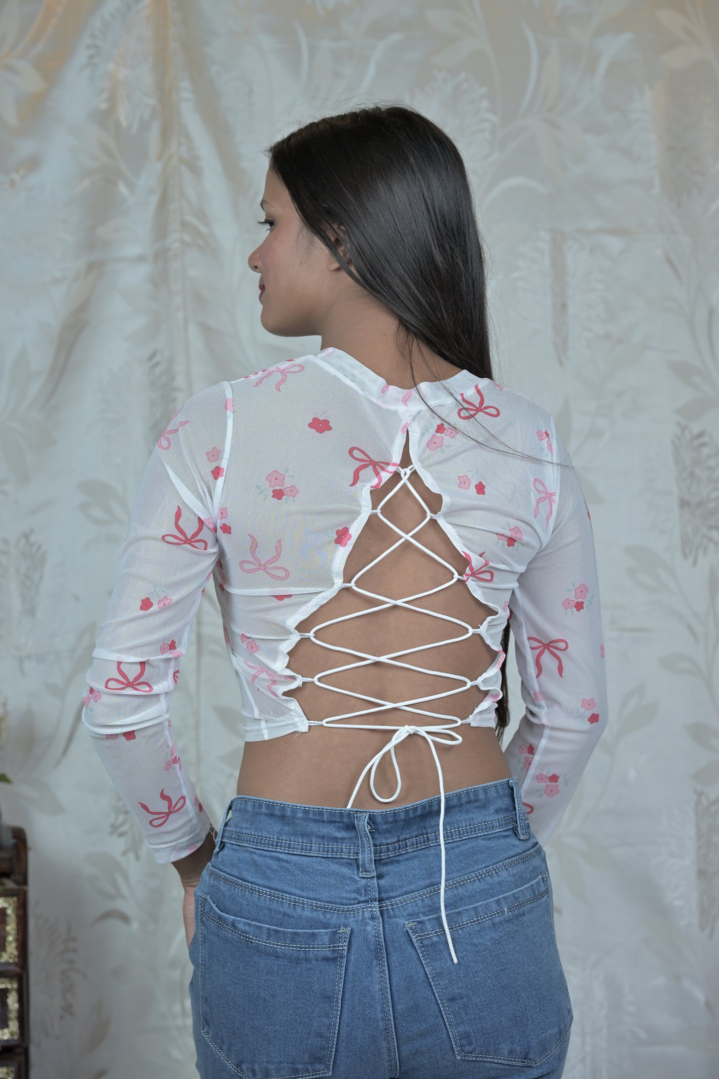 Floral Mesh Sheer Crop Top with Bow & Rose Print
