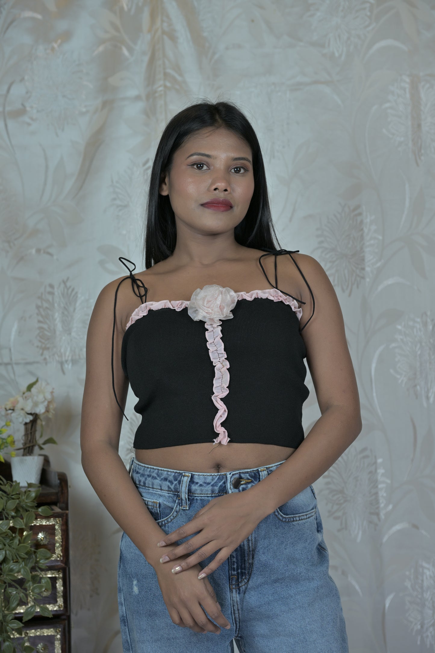 Black Knit Corset Top with Pink Floral Detail