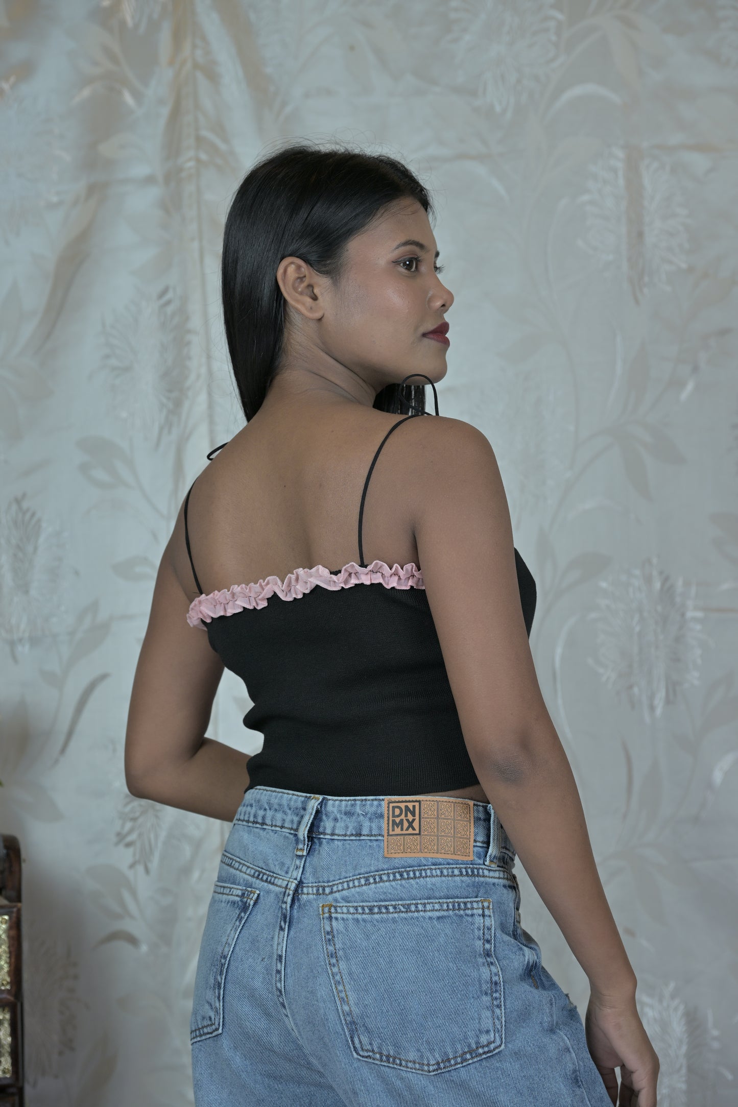 Black Knit Corset Top with Pink Floral Detail