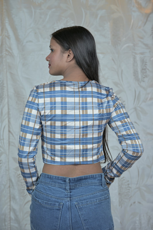 Checkered Ruched Front Crop Tops