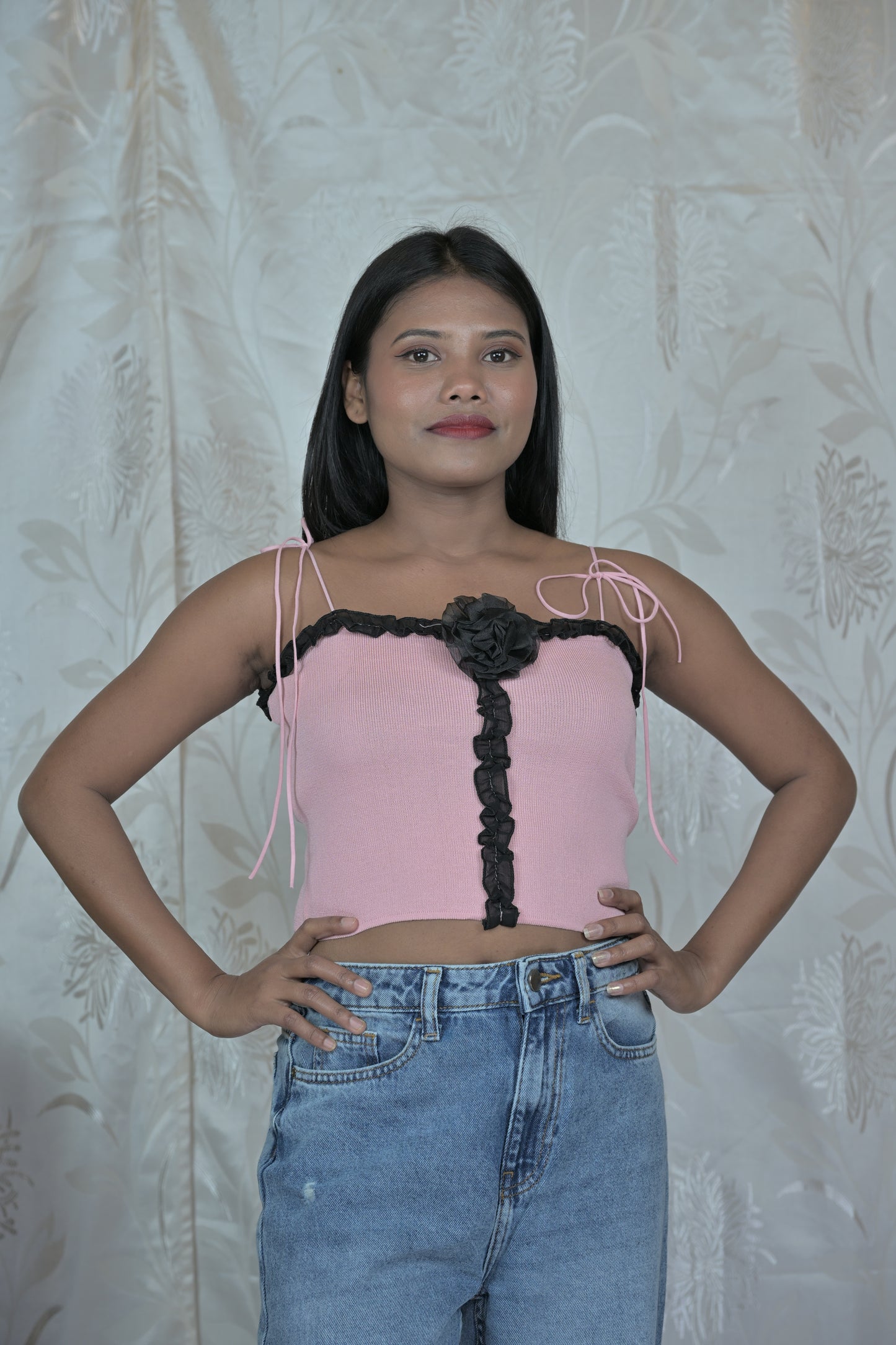 Black Knit Corset Top with Pink Floral Detail