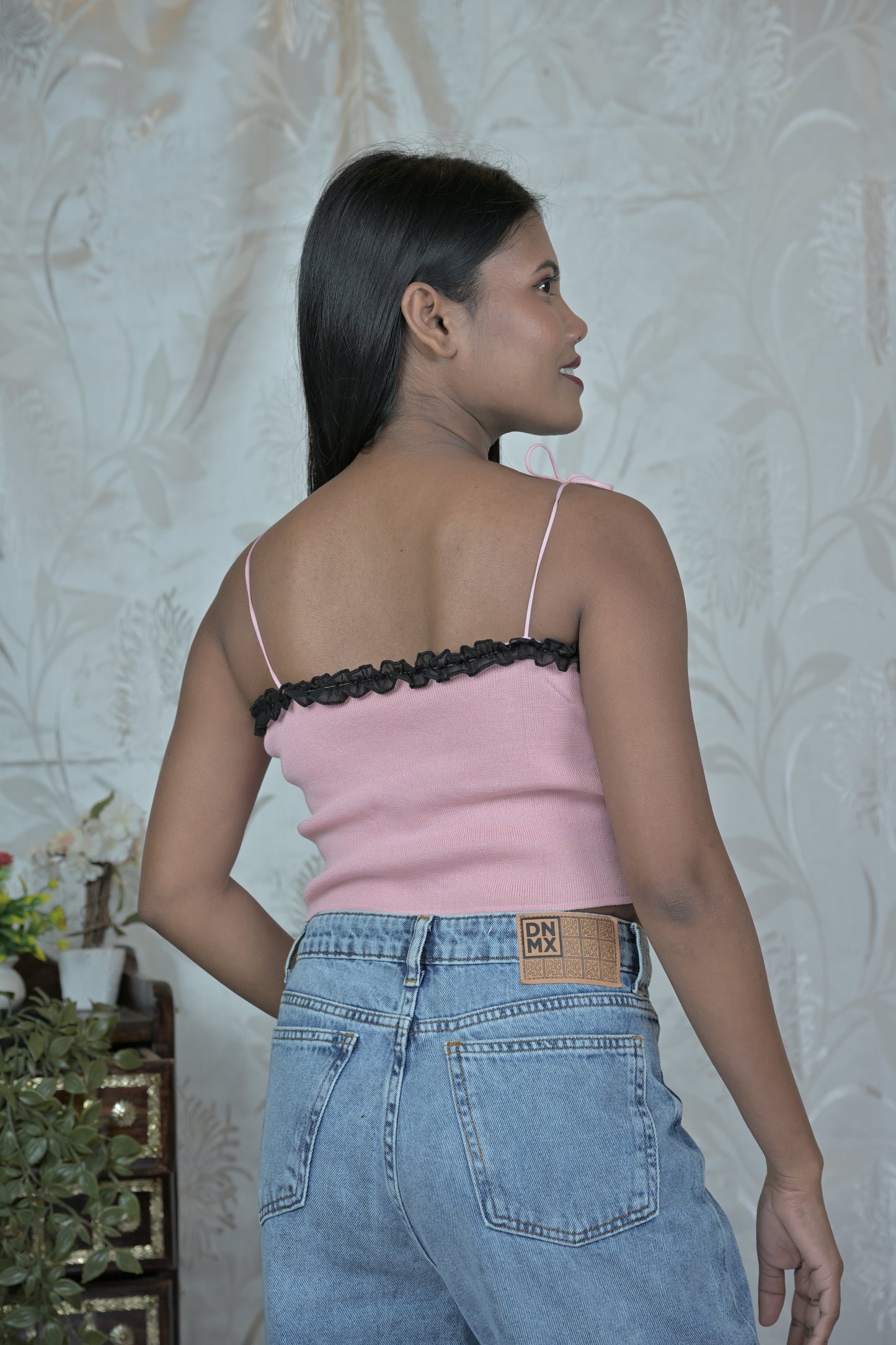Black Knit Corset Top with Pink Floral Detail