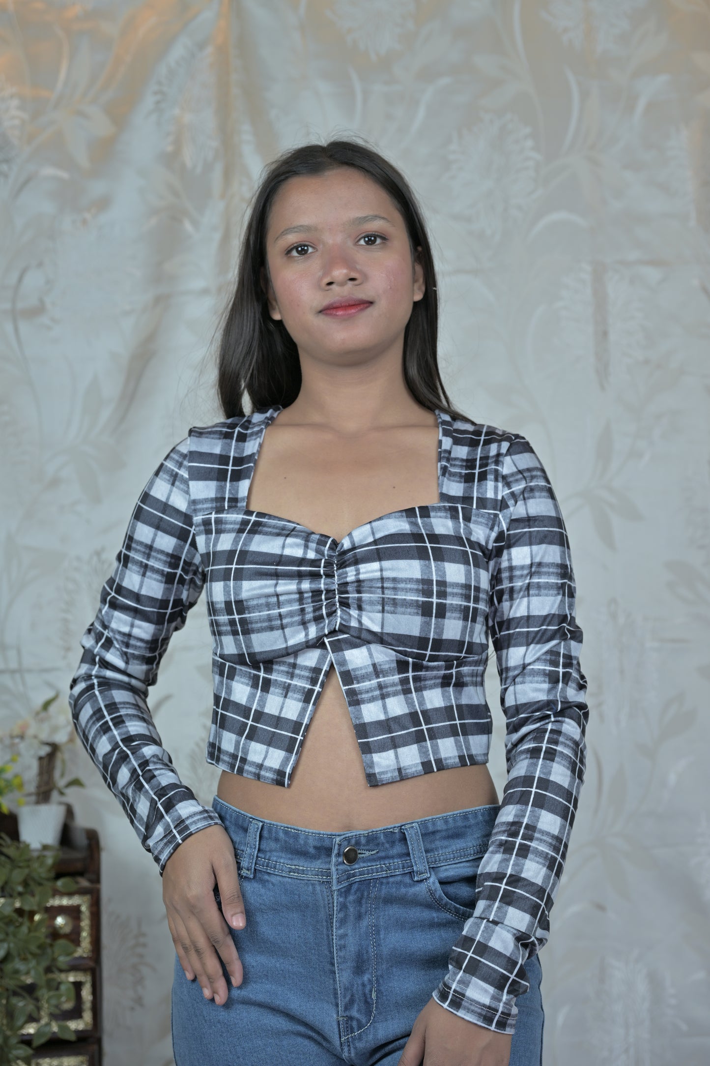 Checkered Ruched Front Crop Tops