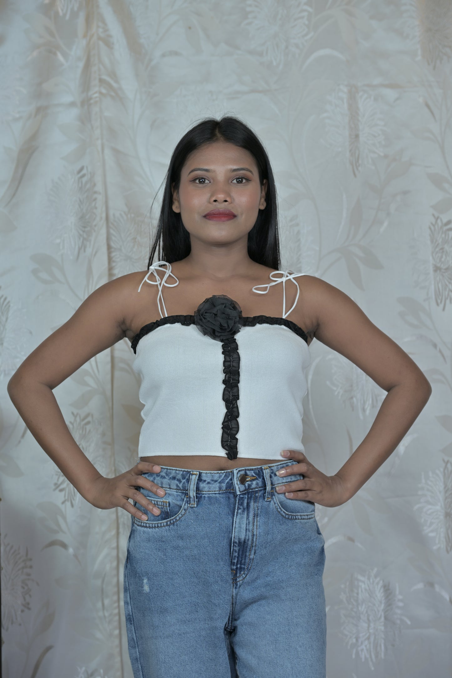 Black Knit Corset Top with Pink Floral Detail