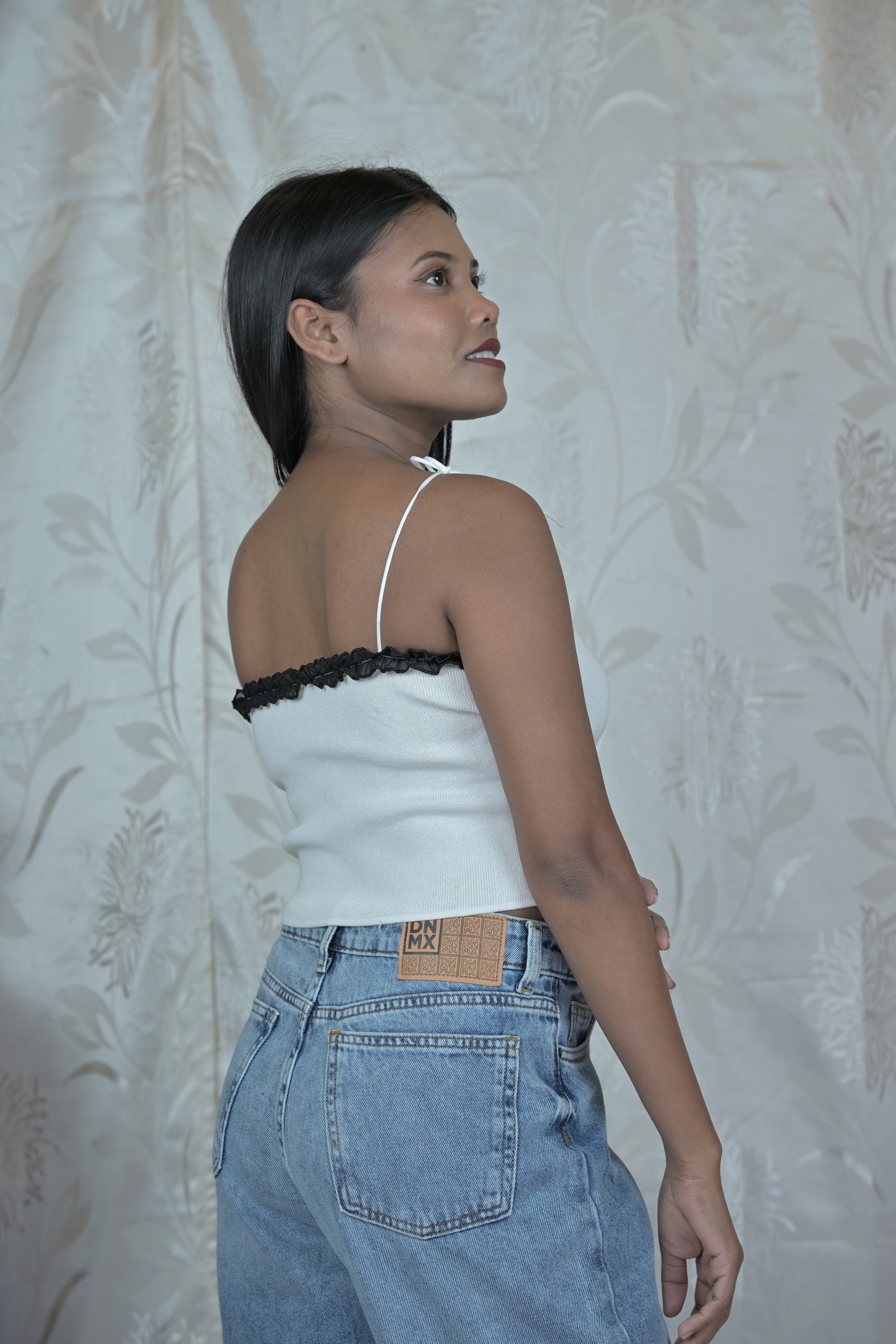 Black Knit Corset Top with Pink Floral Detail