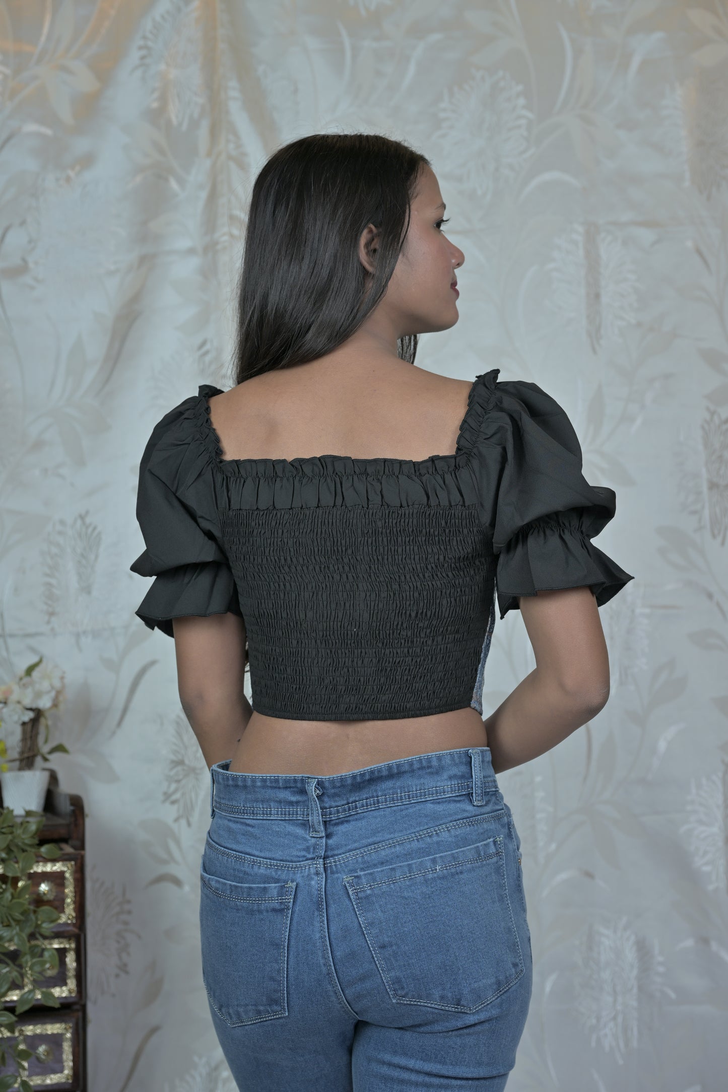 Denim & Black Corset Top with Tie Detail