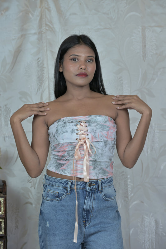 Strapless Corset Top with Light Blue & Pink Pattern
