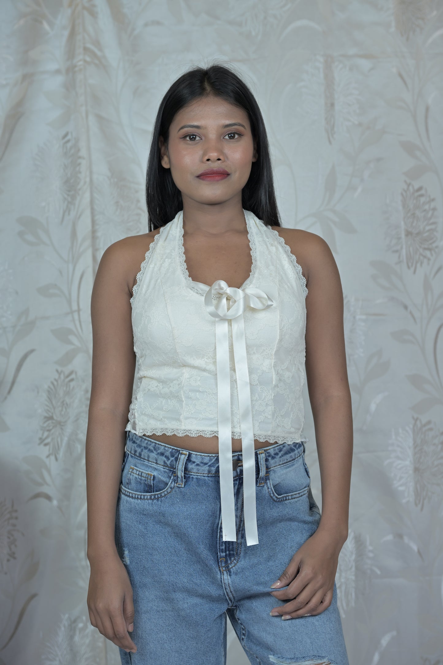 White Lace Halter Top with Front Tie